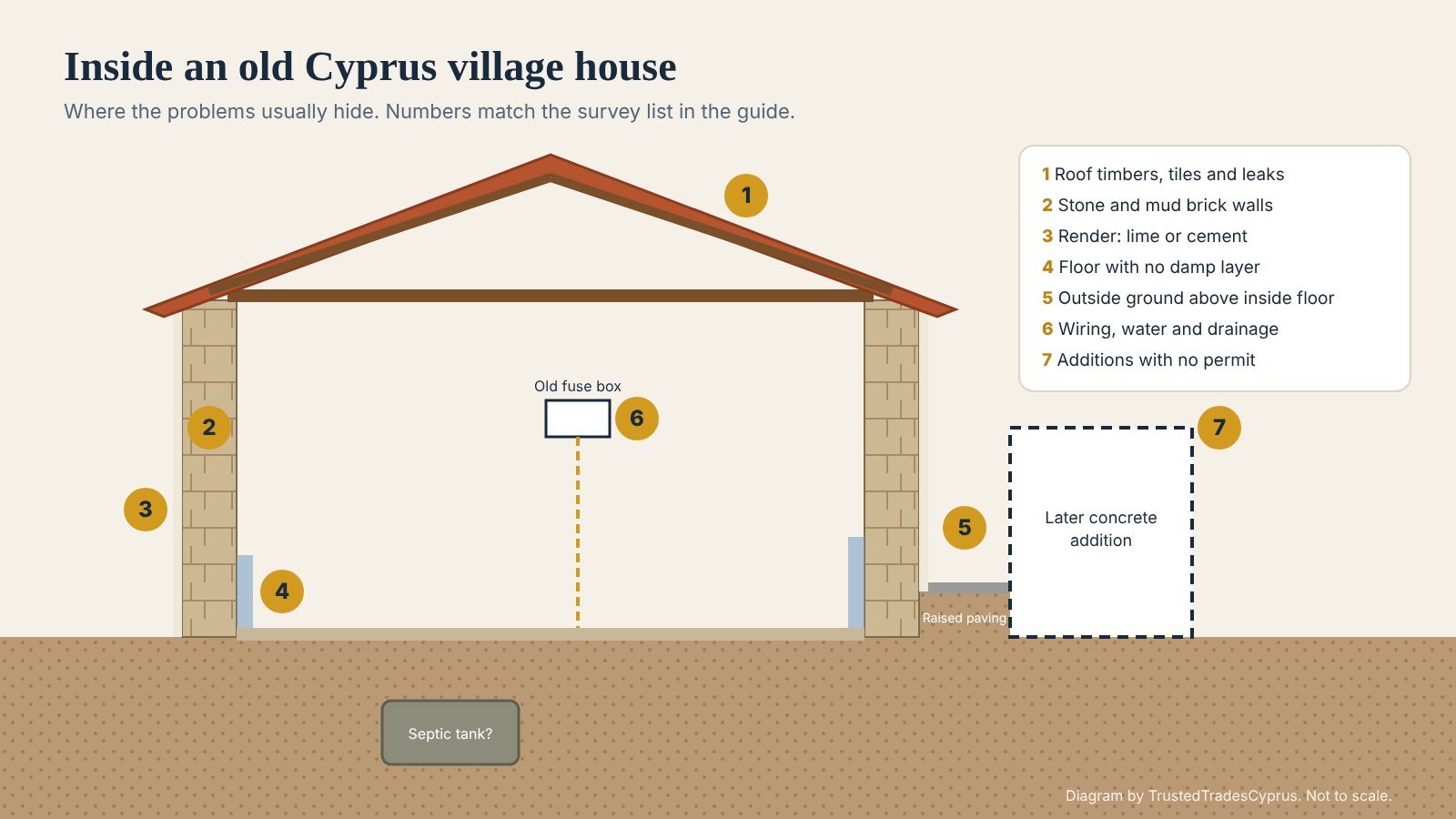 Cross section diagram of an old Cyprus village house showing seven problem areas: roof, stone walls, render, floor, raised outside ground, services and later additions