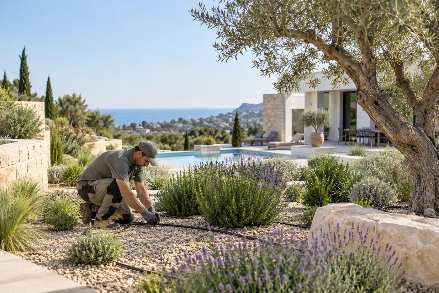 Landscaper installing drip irrigation in a Mediterranean garden in Cyprus